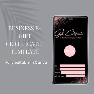 Modèle de certificat-cadeau électronique d'entreprise. Ajoutez votre logo. Carte-cadeau virtuelle. Chèque-cadeau SMS. Téléchargement numérique modifiable
