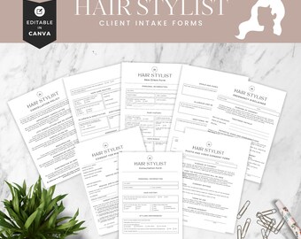May include: A set of eight printable forms for hair stylists. The forms include a cancellation policy, new client form, consent for minors, consultation form, pregnancy disclaimer, and photo and video consent form. The forms are designed to be used in a salon or barbershop.