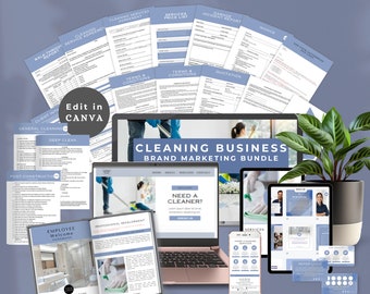 Puede incluir: Un conjunto de materiales de marketing para una empresa de limpieza, que incluye una maqueta de sitio web, tarjetas de visita y un manual de bienvenida. Los materiales presentan una combinación de colores azul y blanco y un logotipo con una corona.