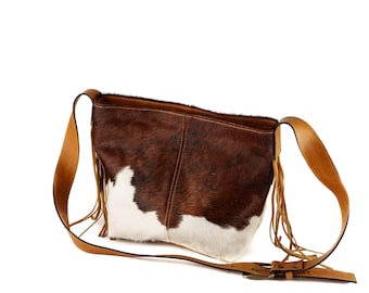 Cowhide purse. Cowhide crossbody fringed bag. Western genuine hair on leather purse.