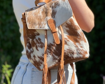 Boho Chic Cowhide Backpack with Tassels - Genuine Leather Bag for Women - Western Style Purse