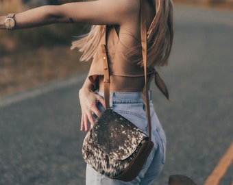Cowhide purse. Genuine hair on leather crossbody bag. Western cowhide purse.
