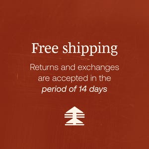 May include: Red background with white text that reads "Free shipping. Returns and exchanges are accepted in the period of 14 days". A white upward arrow with two horizontal lines is below the text.