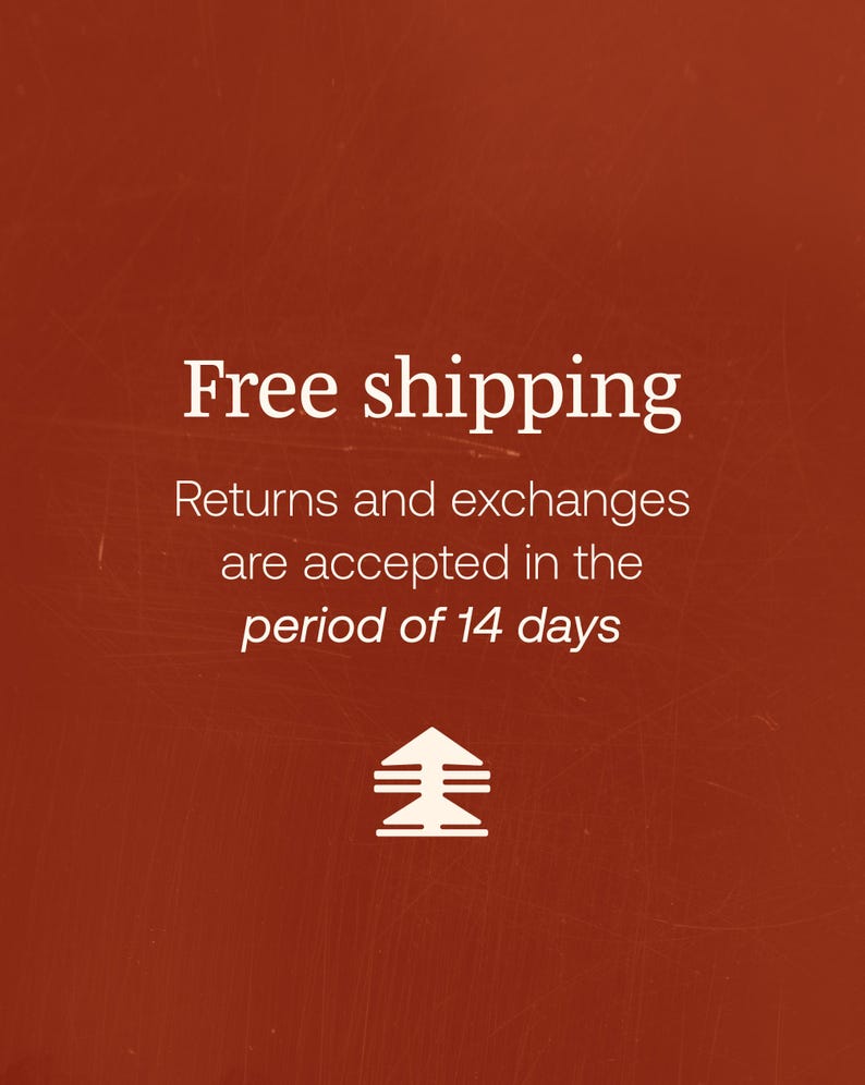 May include: Red background with white text that reads "Free shipping. Returns and exchanges are accepted in the period of 14 days". A white upward arrow with two horizontal lines is below the text.