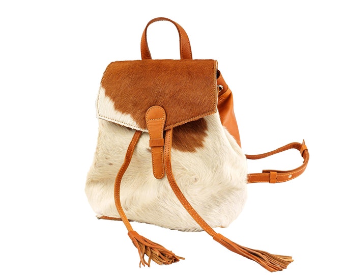 Unique cowprint backpack, cowgirl purse, fringe bag, cowhide gift for her, girls backpack rucksack.
