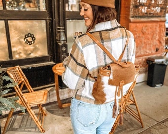 Cowhide backpack. Hair on leather backpack bag with tassels. Genuine cowhide bag for women. Boho western backpack purse.