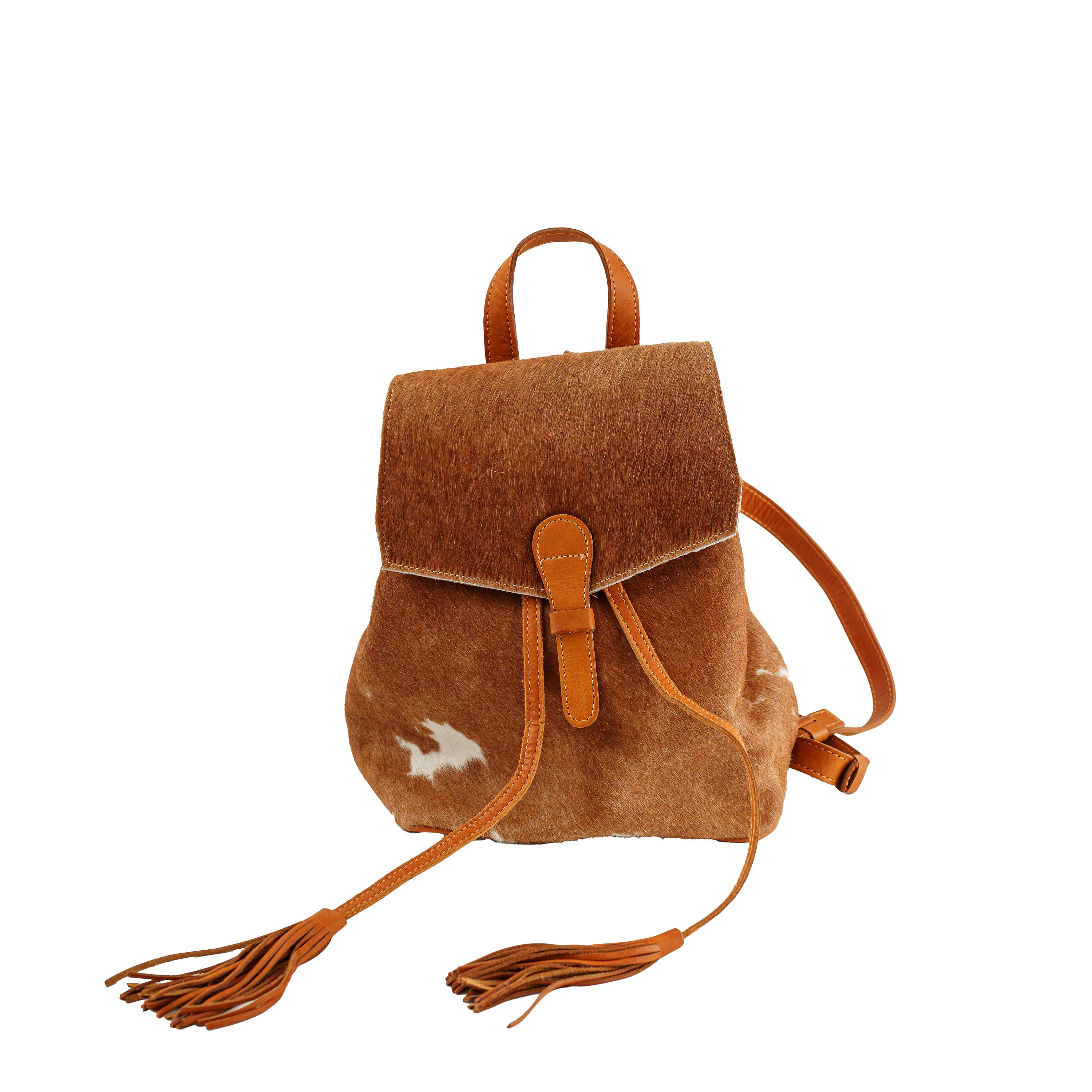 Gold Rose Raw Cowhide Leather Drawstring Backpack with Tassel Detail Boho Chic Cowhide Backpack With Tassels - Genuine Leather  main image 3