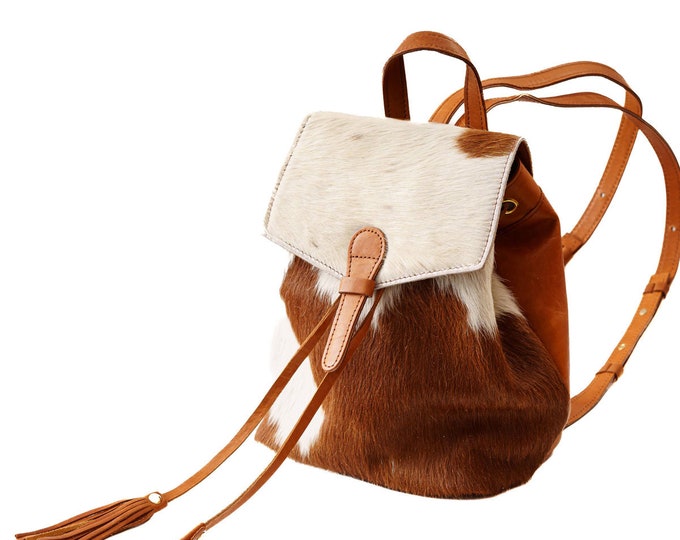 Cowhide backpack. Hair on leather backpack bag with tassels. Genuine cowhide bag for women. Boho western backpack purse.