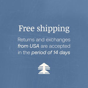 May include: Free shipping is offered on returns and exchanges from the USA within 14 days. The text is displayed on a blue background with a white up arrow.