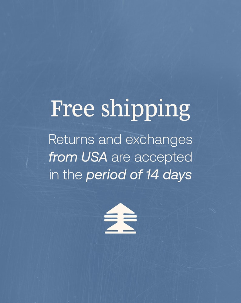 May include: Free shipping is offered on returns and exchanges from the USA within 14 days. The text is displayed on a blue background with a white up arrow.