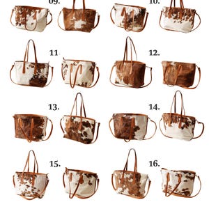 May include: A collection of 10 cowhide tote bags with brown leather handles and straps. Each bag has a unique pattern of brown and white cowhide. The bags are numbered 09 through 16.