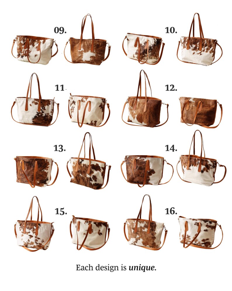 May include: A collection of 10 cowhide tote bags with brown leather handles and straps. Each bag has a unique pattern of brown and white cowhide. The bags are numbered 09 through 16.