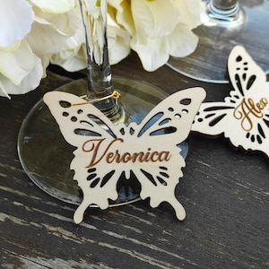 Personalized Butterfly Wine Charms - Custom Wooden Butterfly Party Decorations - Butterfly Place Card - Wedding Place Cards - Shower Favors