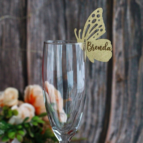 Personalized Gold Butterfly Glass Tags - Butterfly Glass Markers - Custom Party Decorations - Wedding Table Decor - Wood Wine Charms