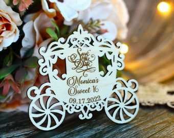 Quinceañera Save the Date magnets - Personalized Princess Sweet 16 invitation - Wooden Cinderella Carriage Magnet - Wood Quince Invite