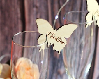 Personalized Butterfly Glass Tags - Butterfly Glass Markers - Custom Party Decorations - Wedding Table Decor - Wine Charms - Name Tags