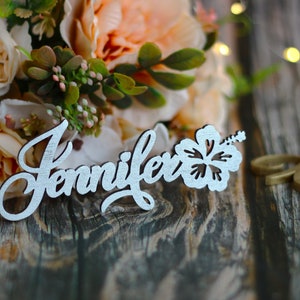 Segnaposto hawaiano tropicale con nome - Decorazioni per feste personalizzate in legno con fiori di ibisco - Feste in spiaggia - Matrimoni - Segnaposto - Bomboniere nuziali