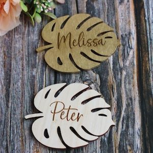 Monstera Place Card - Tropical Wood Leaf Wedding Table Names - Guest Names - Custom Party Decorations - Wooden Place Cards - Table Setting