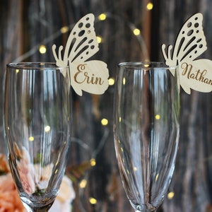 Personalized Butterfly Glass Tags - Butterfly Glass Markers - Custom Party Decorations - Wedding Table Decor - Wood Wine Charms - Name Tag