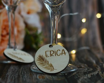 Personalized Tropical Wine Charms - Custom Wooden Hawaii Party Decorations - Leaf Place Card - Wedding Place Cards - Party Favor - Drink Tag