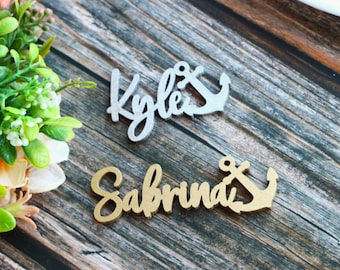 Nautical Place Cards - Personalized Wood Place Cards - Custom Wooden Name Tags - Anchor Names - Nautical Wedding Decoration - Party Favors