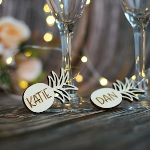 Personalized Pineapple Wine Charms - Custom Wooden Drink Tags - Tropical Party Decorations - Hawaii Wedding Table Decor - Glass Markers