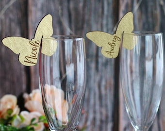 Personalized Gold Butterfly Glass Tags - Butterfly Glass Markers - Custom Party Decorations - Wedding Table Decor - Wine Charms - Name Tag