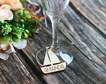 Personalized Sailing Boat Wine Charms - Nautical Wedding Drink Tags - Custom Sailor Party Drink Markers - Beach Sea Table Decor - Favors