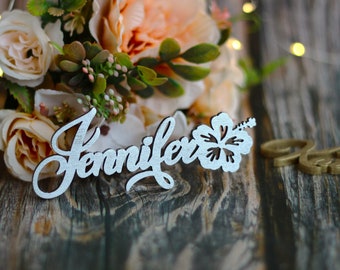 Tropical Hawaiian Place Card Name - Hibiscus Flower Wood Personalized Party Decorations - Beach Party -Wedding - Place Card - Bridal Favors