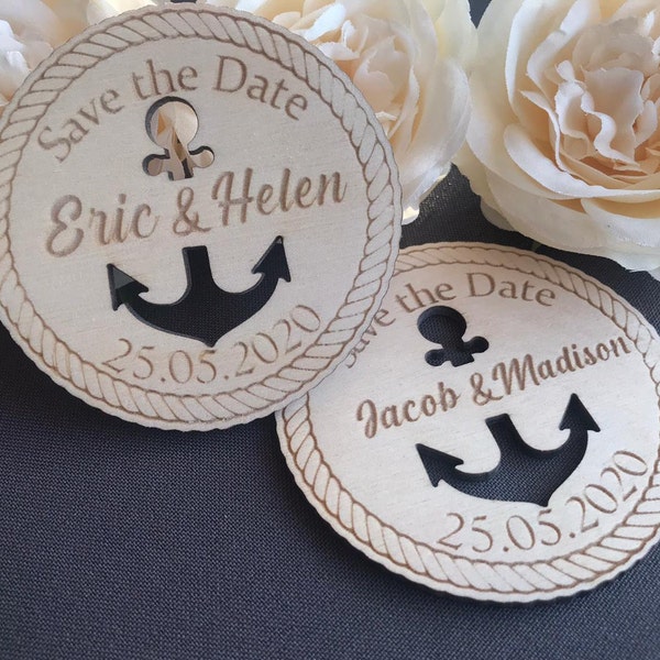 Imanes náuticos para guardar la fecha - Tema de boda de ancla marinera - Invitación de boda de madera cortada con láser - Invitaciones grabadas en madera