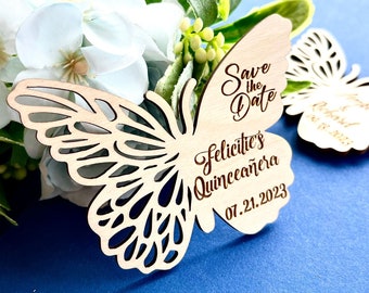 Schmetterlings-Save-the-Date-Magnete – personalisierte Hochzeitseinladung – Einladungen mit Holzgravur – Quinceanera Save the Date-Magnet – Einladung