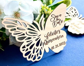 Schmetterlings-Save-the-Date-Magnete – personalisierte Hochzeitseinladung – Einladungen mit Holzgravur – Quinceanera Save the Date-Magnet – Einladung