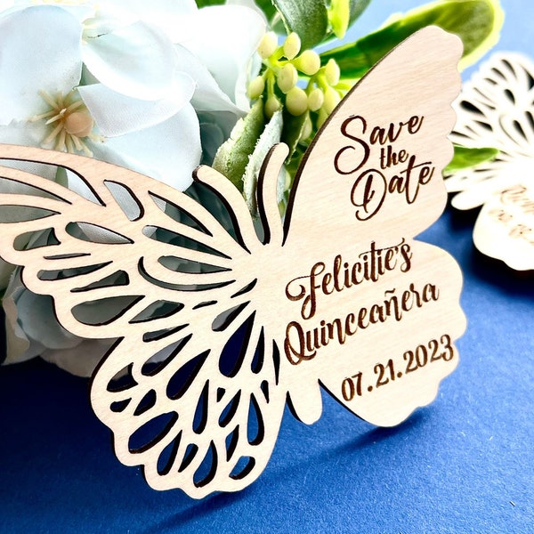 Aimants « Save the Date » papillon - Faire-part de mariage personnalisé - Faire-parts gravés sur bois - Aimant « Save the Date » Quinceanera - Invitation