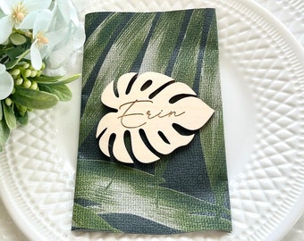 Monstera Place Card - Tropical Wood Leaf Wedding Table Names - Guest Names - Custom Party Decorations - Wooden Place Cards - Table Setting