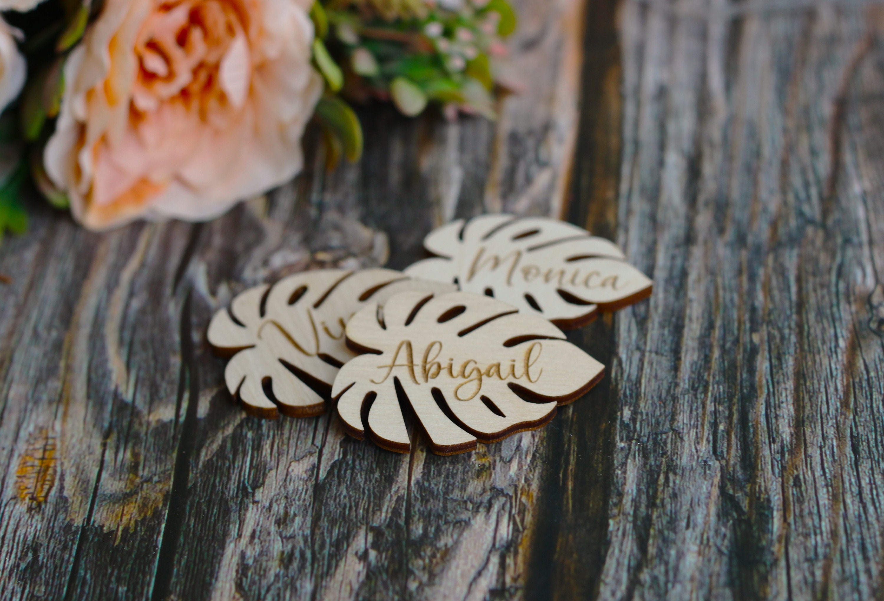 Tropical Drink Tags - Personalized Leaf Name Place Card - Wooden ...