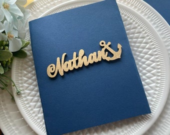 Nautical Place Cards - Personalized Wood Place Cards - Custom Wooden Name Tags - Anchor Names - Nautical Wedding Decoration - Party Favors