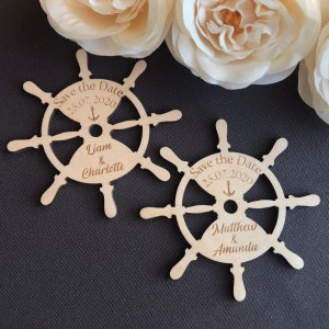 Nautical Save The Date Magnets - Sailor Wedding Theme - Sea Pirate Wheel - Laser Cut Wood Wedding Invitation - Wood Engraved Invitations