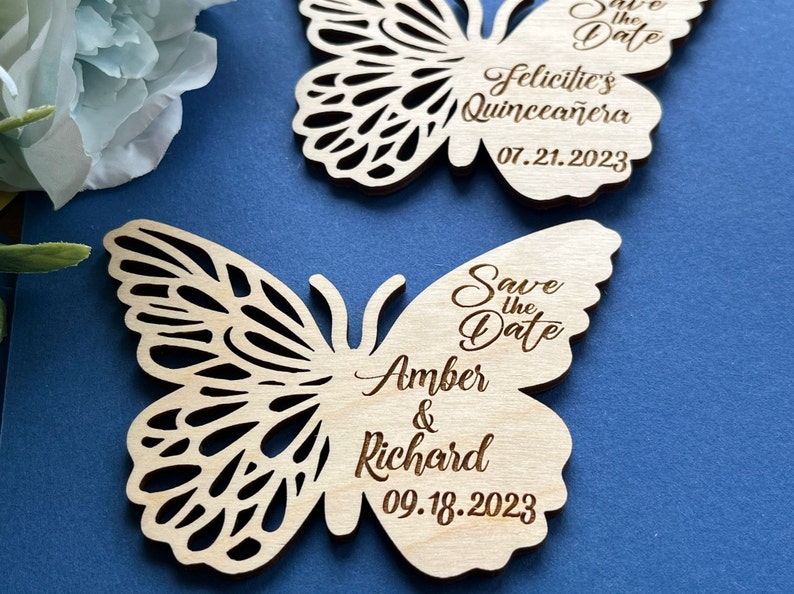 Aimants Save the Date papillon Faire-part de mariage personnalisé Faire-parts gravés sur bois Aimant Save the Date Quinceanera Invitation image 9