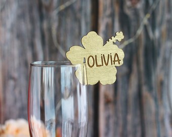 Personliga guldfärgade hibiskus-drinketiketter - Anpassade trädekorationer för tropiska fester - Hawaiianska drinkmarkörer - Placeringskort för bröllop med Hawaii-blommor