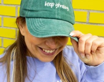 Keep Growing Happy Hat | Embroidered Hat | Baseball Hat | Inspirational Quote | Travel Accessories | Hiking Accessories | Green Hat