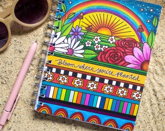 Spiral Bound "Bloom Where You're Planted" Journal | Rainbow Floral Journal | Inspirational Quote | Blank | Lined Journal | Travel Journal