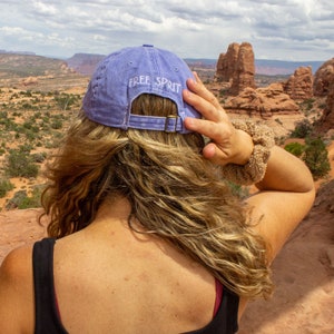 Free Spirit Happy Hat | Embroidered Hat | Baseball Hat | Inspirational Quote | Travel Accessories | Hiking Accessory | Blue Hat | Wanderers
