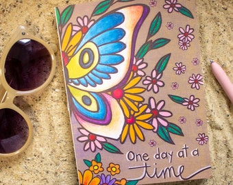Butterfly Floral "One Day At A Time" Journal | Paperback | Illustrated Cover | Journaling | Travel Journal | Writer | Inspirational Quote