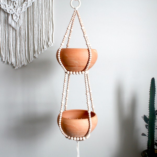 Twee Gelaagde Beaded Plant Hanger, Double Plant Hanger, Handgemaakte Kralen Planter, Kralen plantenbak, Dubbel opknoping Beaded Planter,