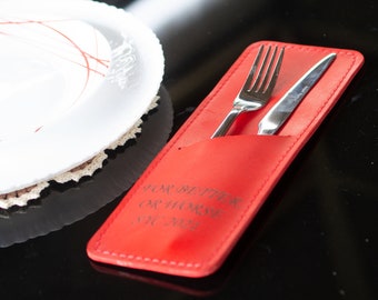 Personalized leather cutlery holder custom made for restaurant or home use. Decor on the table