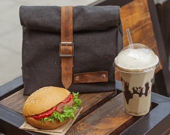 Bolsa térmica de lona para almuerzo: bolsa enrollable para alimentos con correa de cuero