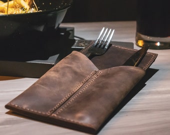 Personalized Leather Cutlery Holder: Engraved Silverware Pouch