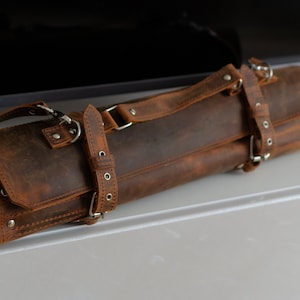 Personalized Leather Chef Knife Roll: Brown Knife Case, Engraved Gift