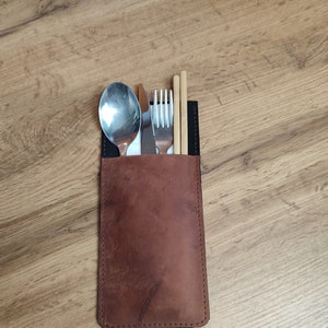 Handcrafted Leather Cutlery Holder for Bamboo Utensils, Eco-Friendly Reusable Travel Utensil Case | Sustainable Dining Accessory for Camping
