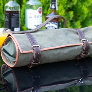 Christmas Gifts for Men, Canvas Roll, Travel Gift, Bar Accessories, Barman Gift, Gift for Men Barman Bag, Portable Bar, Housewarming Gift image 1